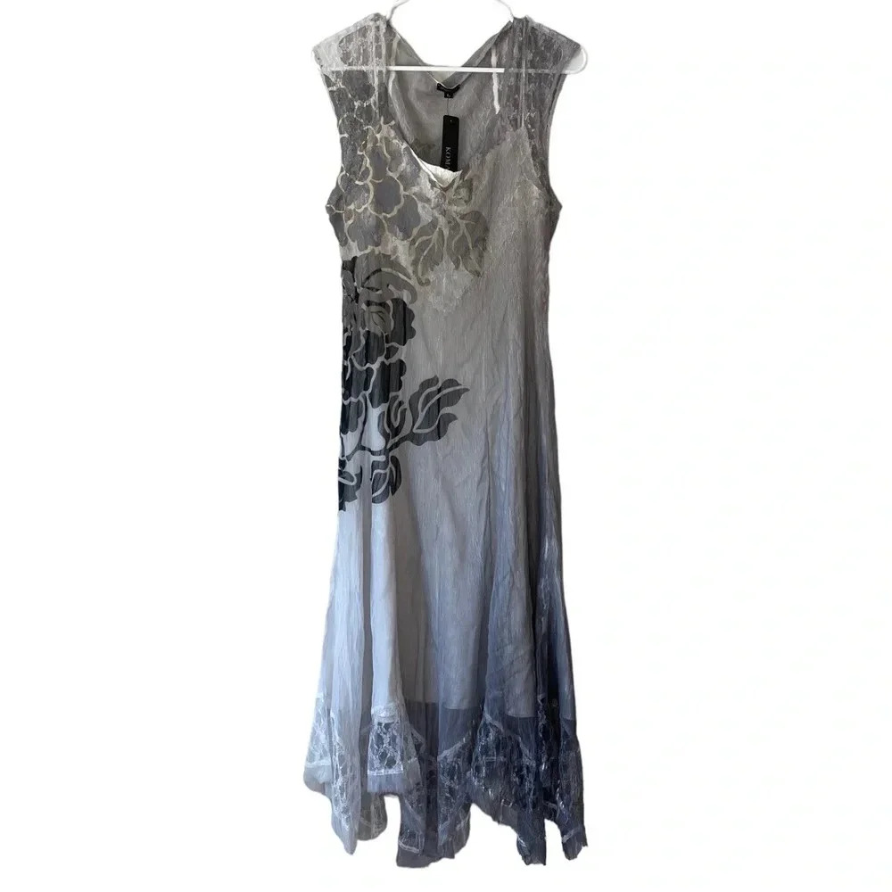 New Komarov Sleeveless A-Line Charmeuse Floral Midi Dress Grey Print Sz Large
